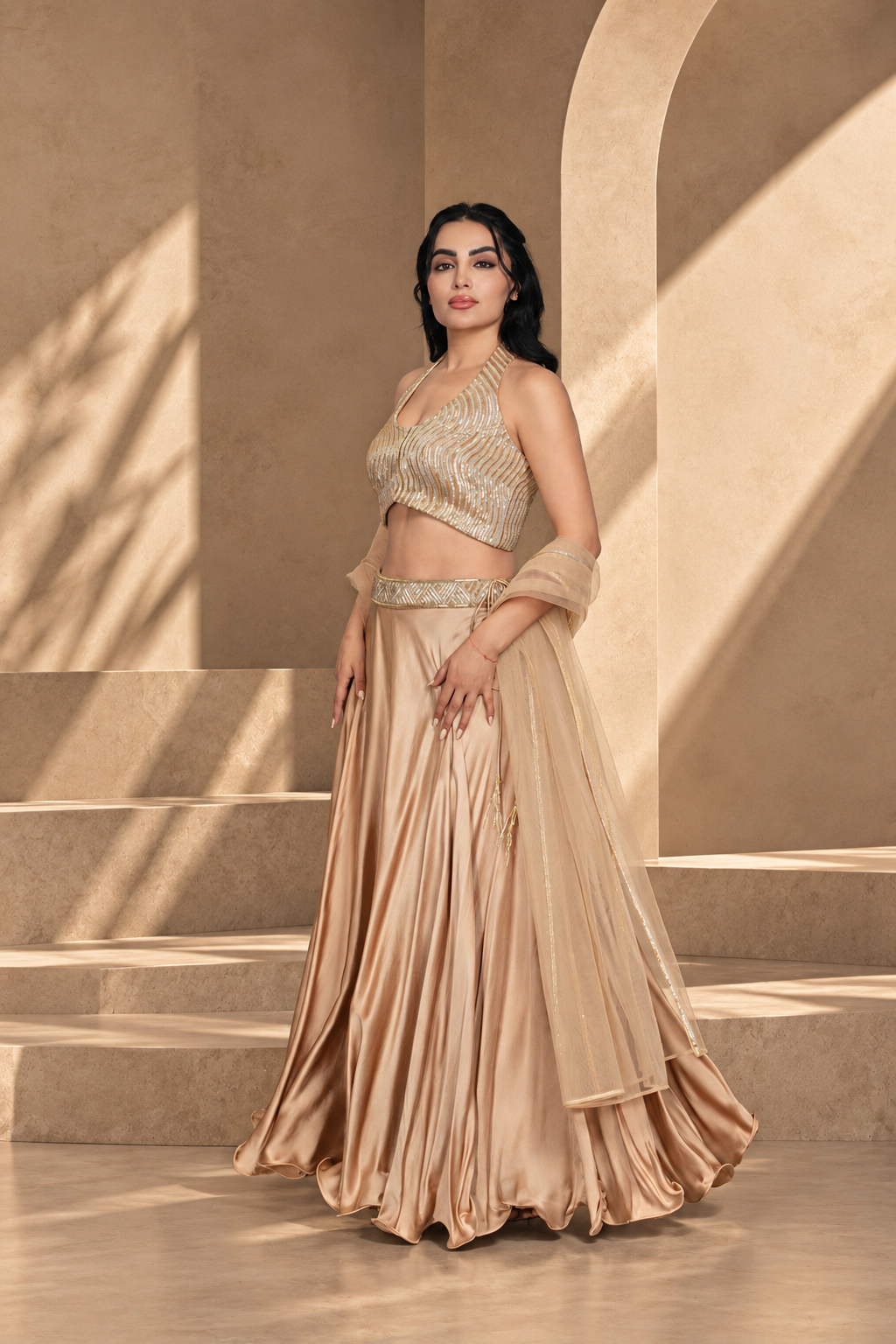 Leher Lehenga Set with Dupatta in Beige gold
