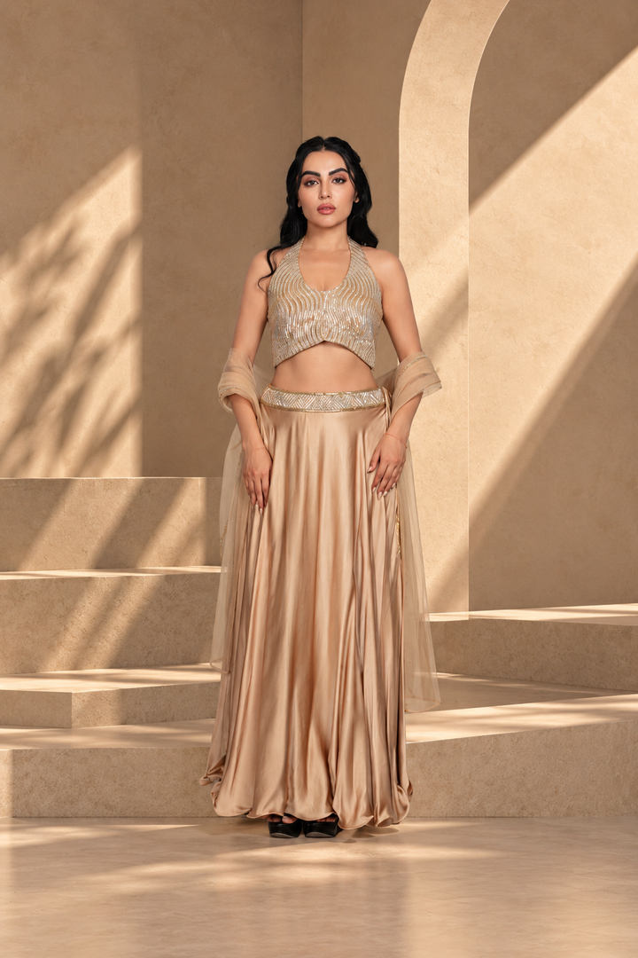 Leher Lehenga Set with Dupatta in Beige gold