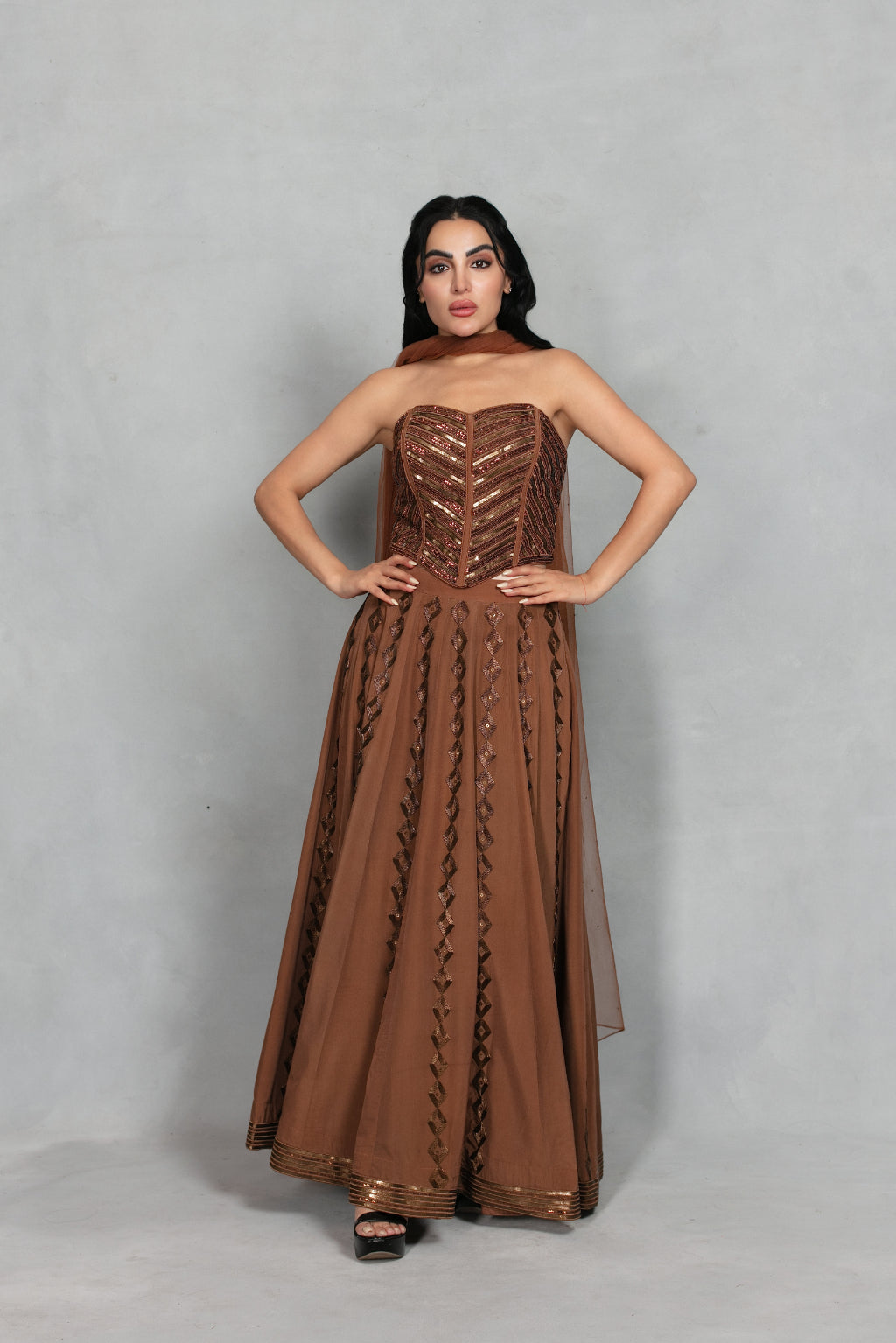 Nooraya Lehenga Set with Dupatta in Mocha Brown