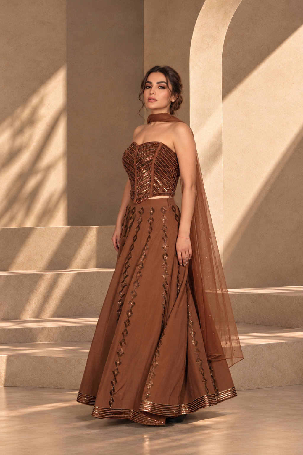 Nooraya Lehenga Set with Dupatta in Mocha Brown