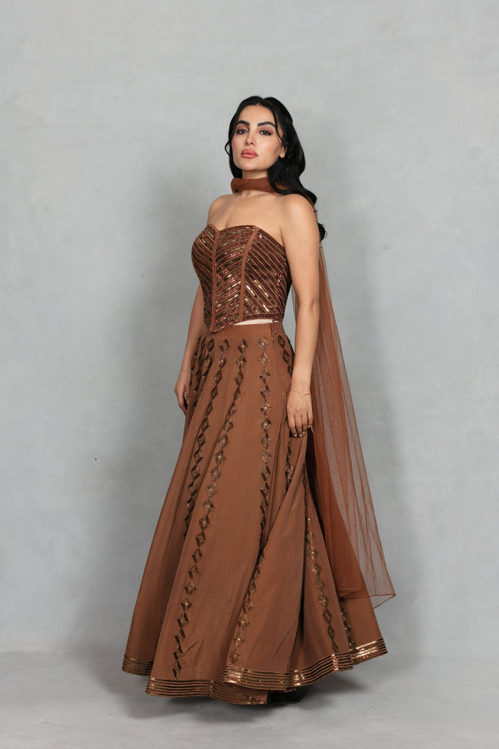 Nooraya Lehenga Set with Dupatta in Mocha Brown