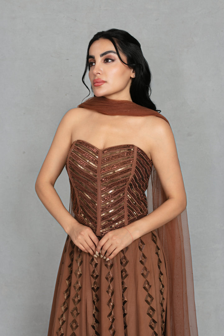 Nooraya Lehenga Set with Dupatta in Mocha Brown