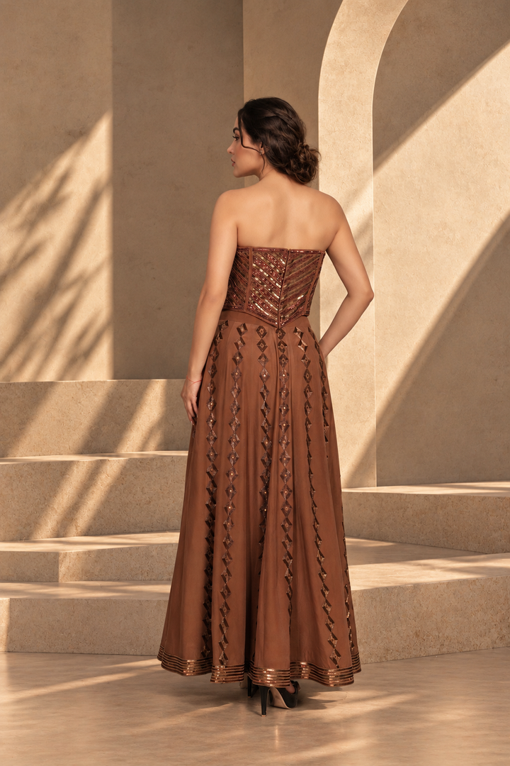 Nooraya Lehenga Set with Dupatta in Mocha Brown