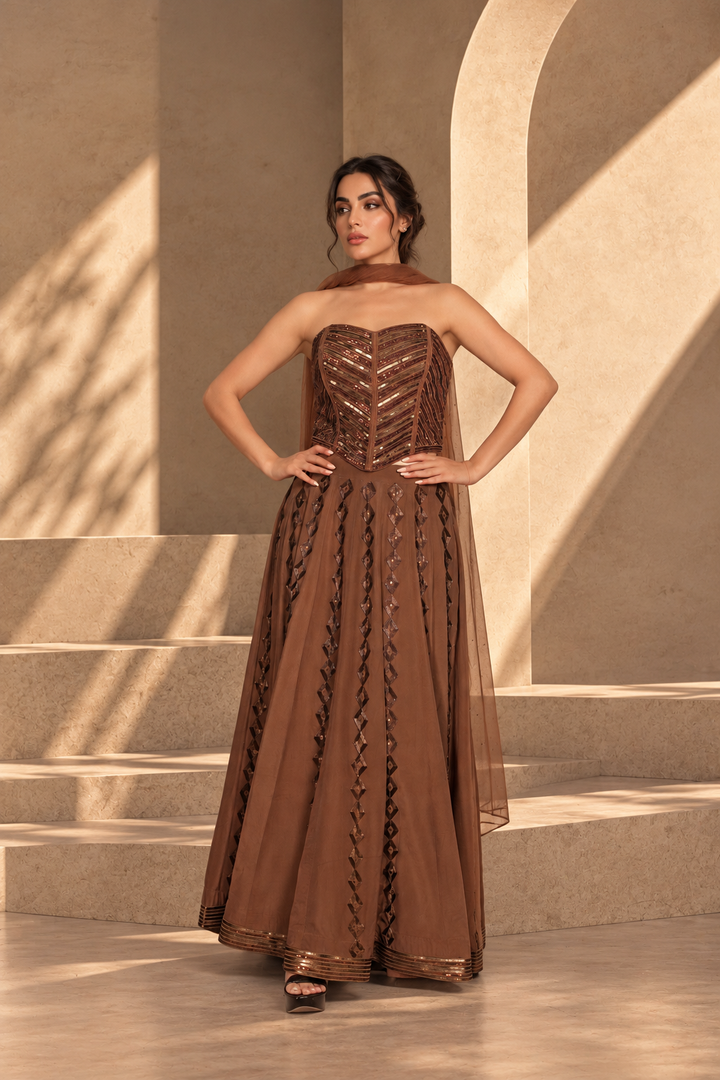 Nooraya Lehenga Set with Dupatta in Mocha Brown