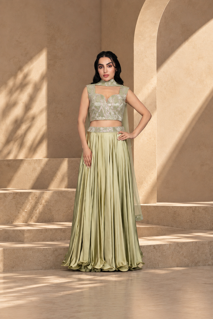 Alara Lehenga Set with Dupatta in Sage Green