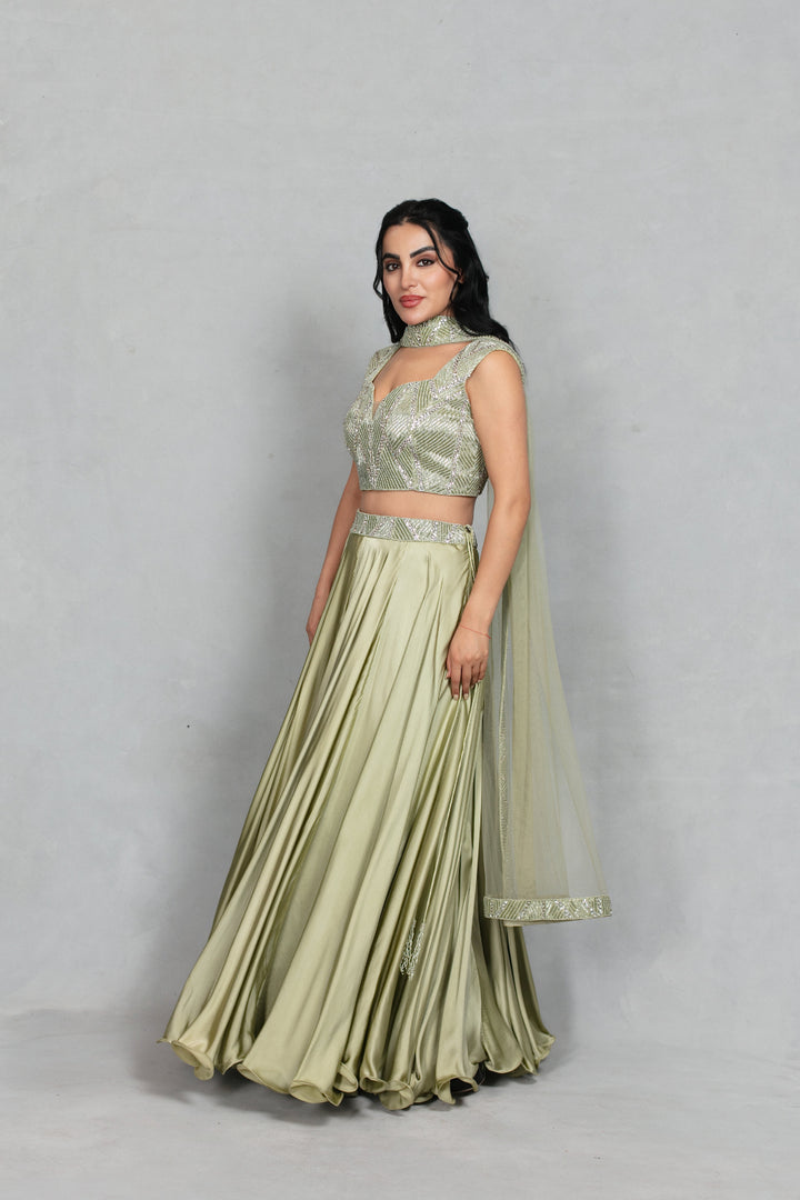 Alara Lehenga Set with Dupatta in Sage Green