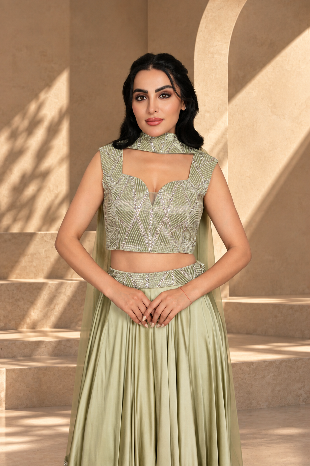 Alara Lehenga Set with Dupatta in Sage Green
