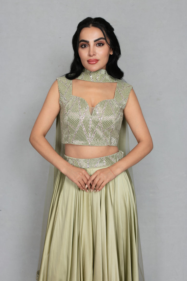 Alara Lehenga Set with Dupatta in Sage Green