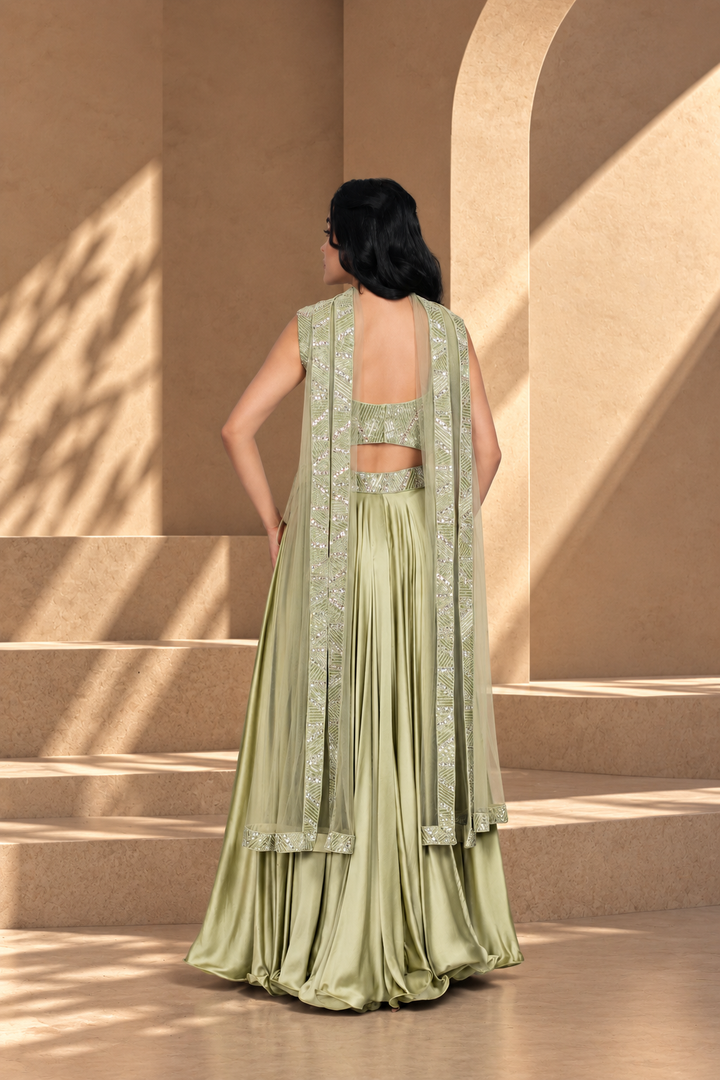 Alara Lehenga Set with Dupatta in Sage Green