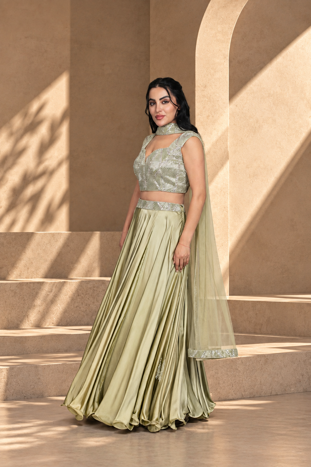Alara Lehenga Set with Dupatta in Sage Green
