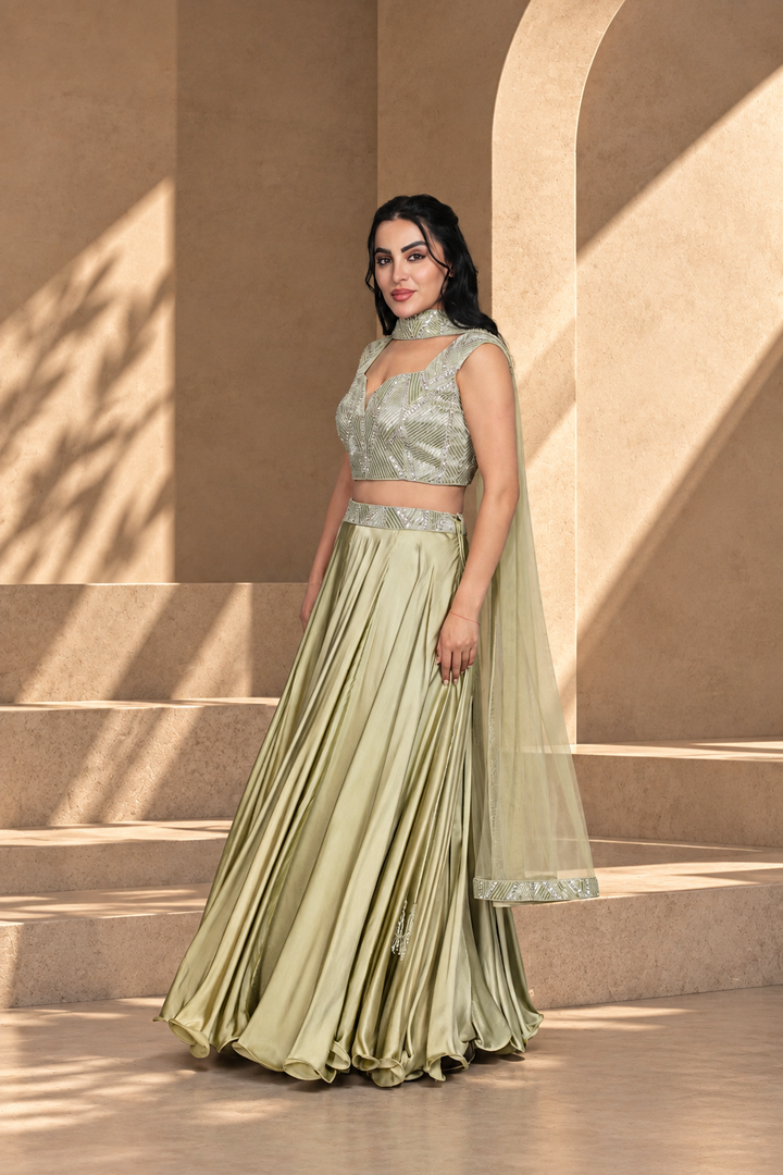 Alara Lehenga Set with Dupatta in Sage Green
