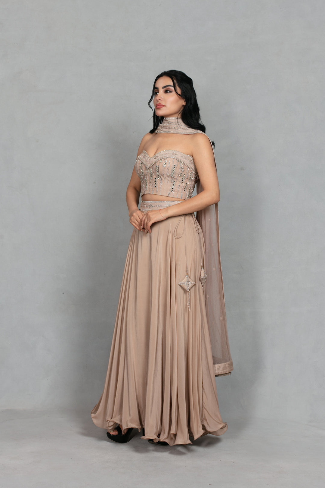 Gulnaar Lehenga Set with Dupatta in Champagne
