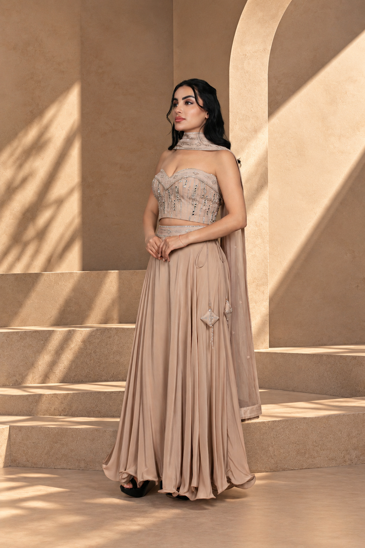 Gulnaar Lehenga Set with Dupatta in Champagne