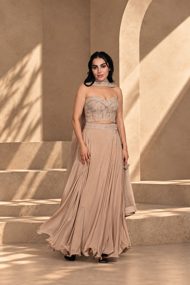 Gulnaar Lehenga Set with Dupatta in Champagne