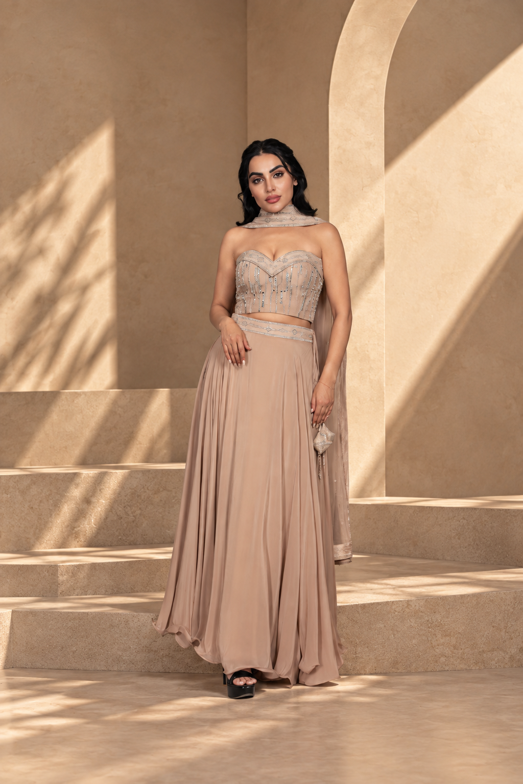 Gulnaar Lehenga Set with Dupatta in Champagne