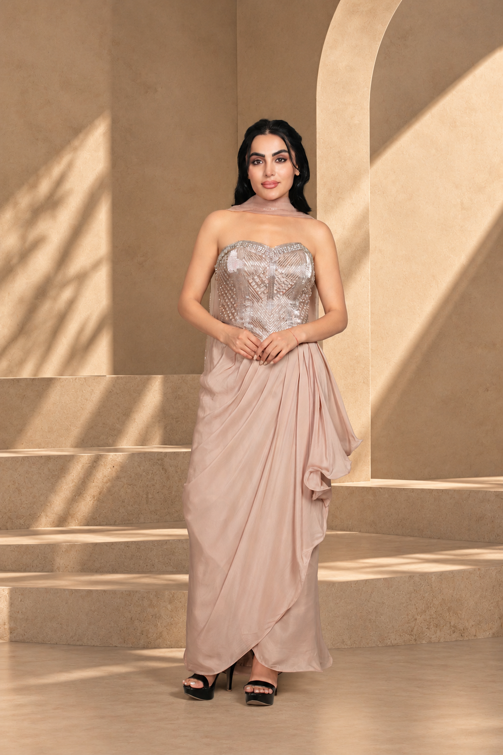 Shahzadi Coord Set with Dupatta in Champagne