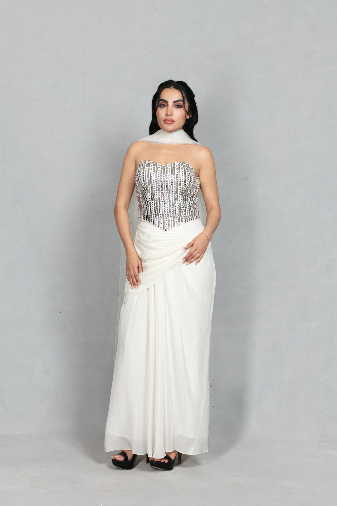 Aabshar Co-ord Set Set with Dupatta in White