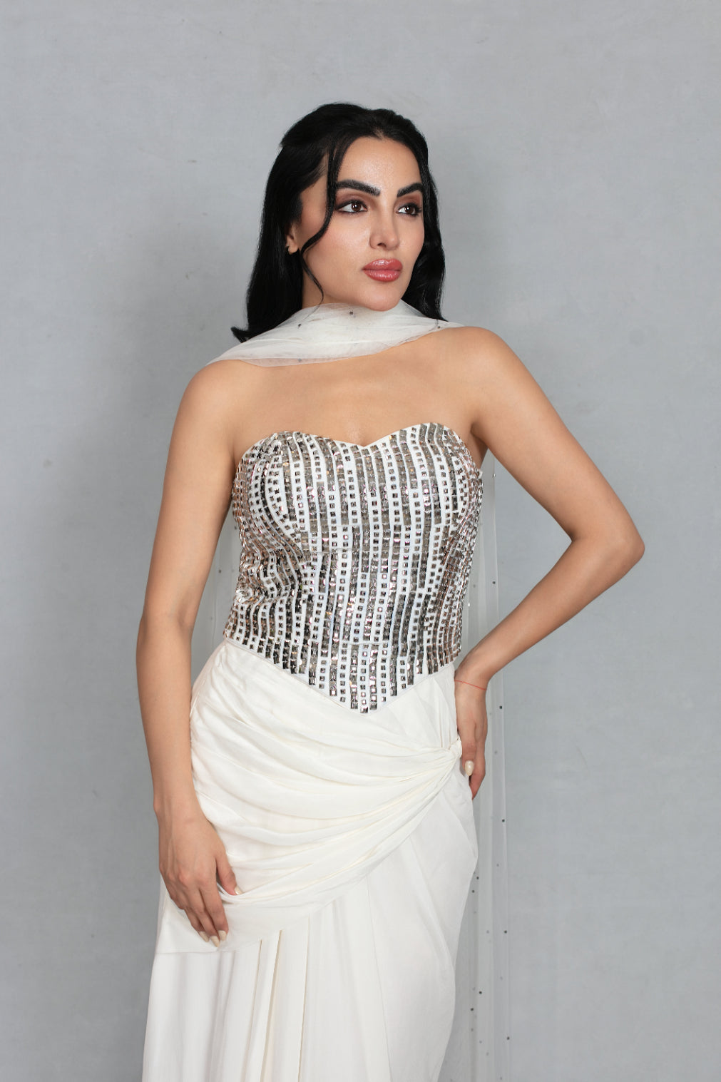 Aabshar Co-ord Set Set with Dupatta in White