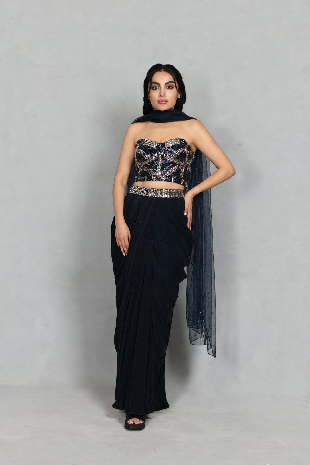 Aina Cord Set with Dupatta in Navy Blue