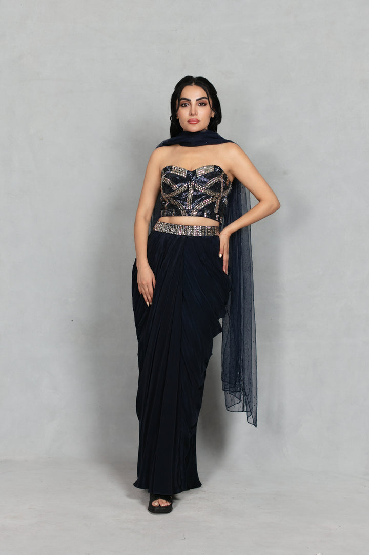Aina Cord Set with Dupatta in Navy Blue