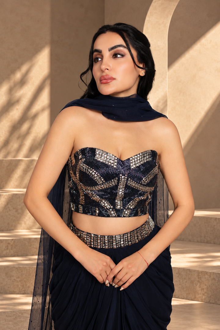 Aina Cord Set with Dupatta in Navy Blue