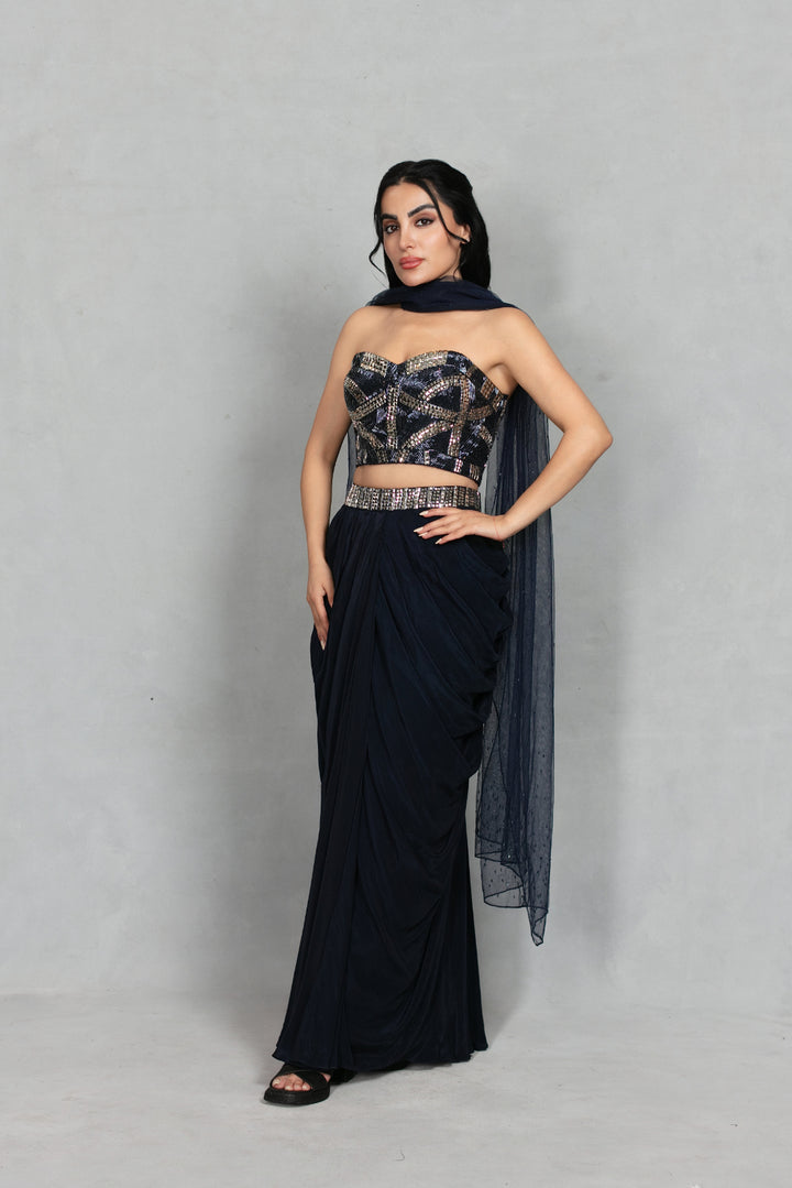 Aina Cord Set with Dupatta in Navy Blue