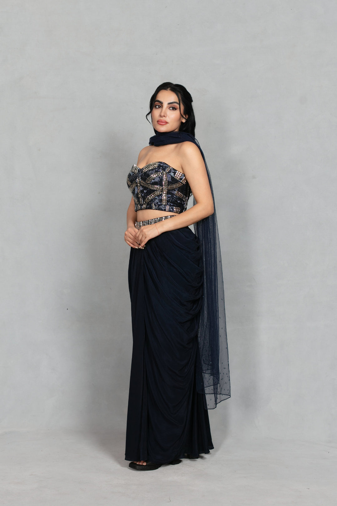 Aina Cord Set with Dupatta in Navy Blue