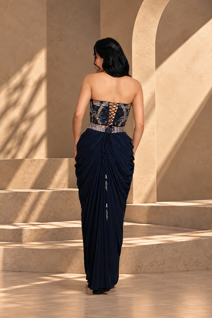 Aina Cord Set with Dupatta in Navy Blue