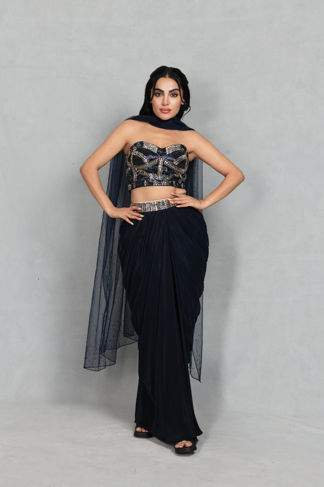 Aina Cord Set with Dupatta in Navy Blue