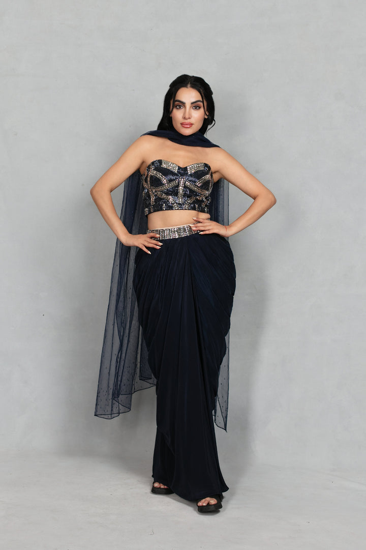 Aina Cord Set with Dupatta in Navy Blue