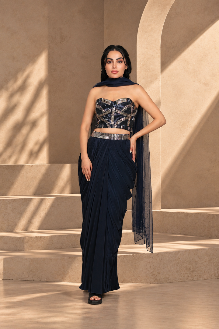 Aina Cord Set with Dupatta in Navy Blue