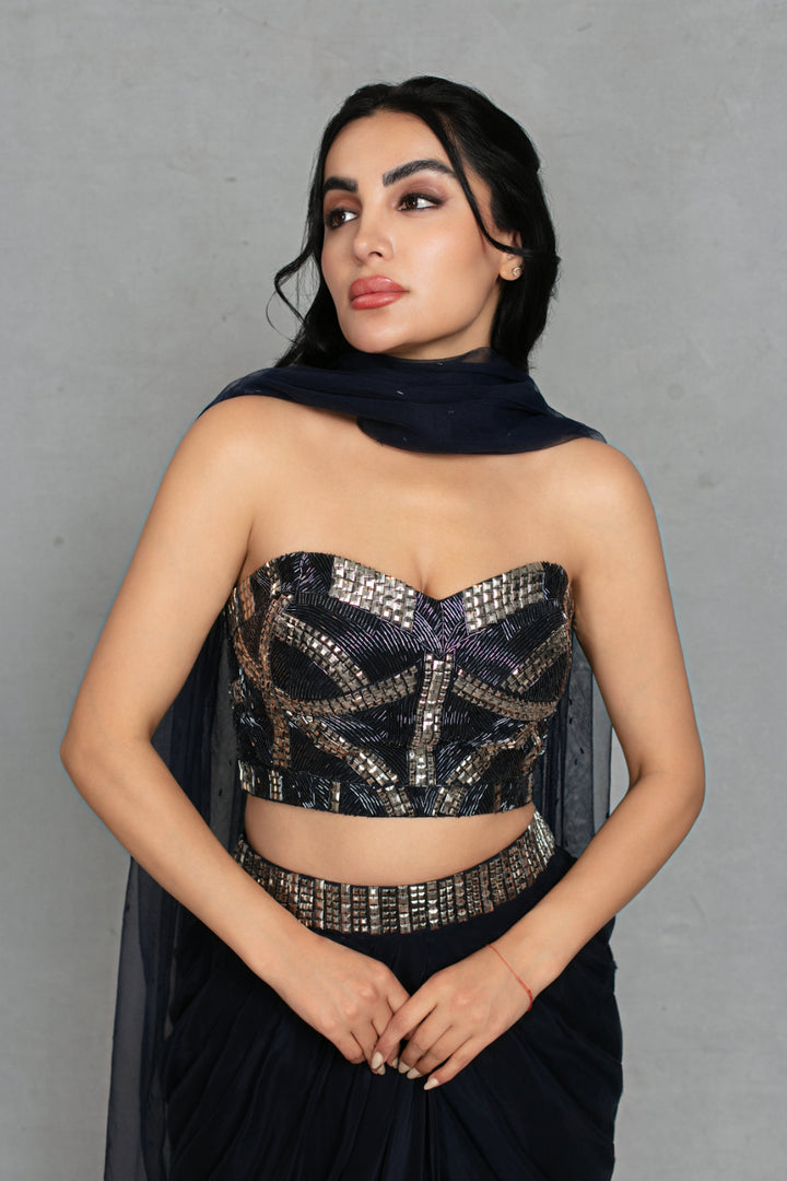 Aina Cord Set with Dupatta in Navy Blue