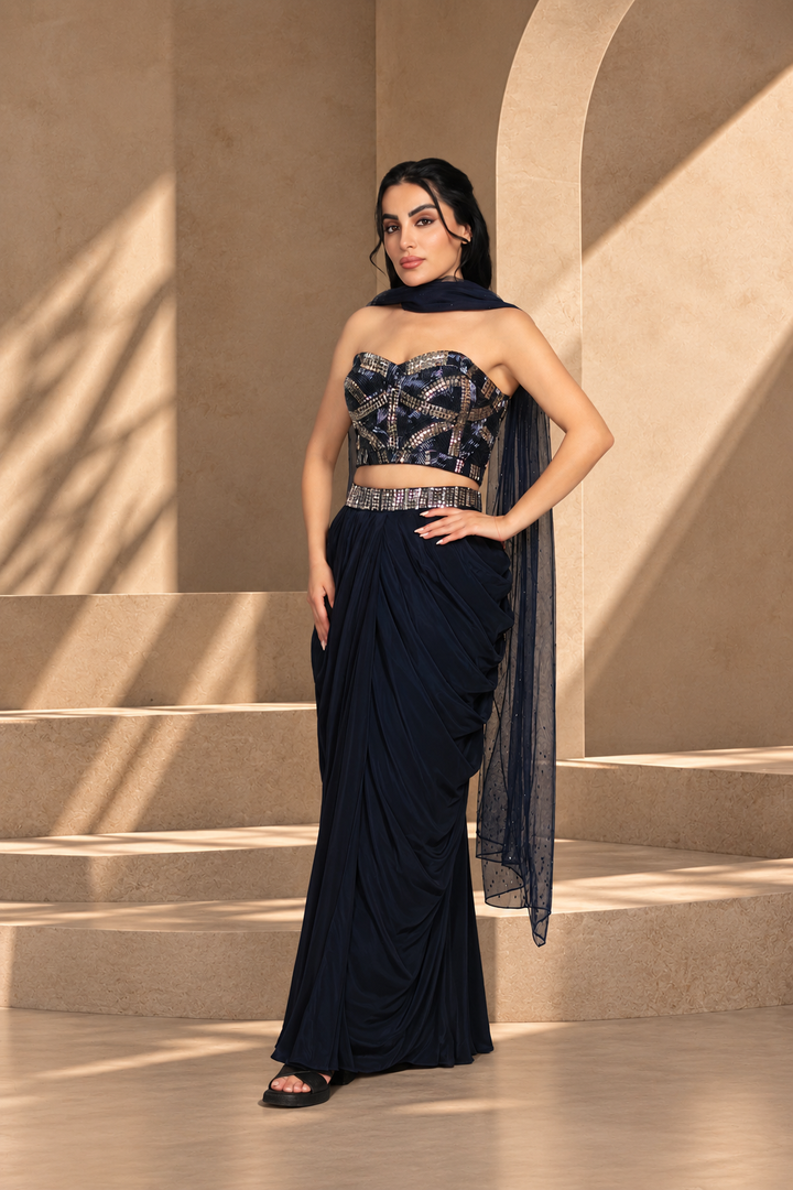 Aina Cord Set with Dupatta in Navy Blue
