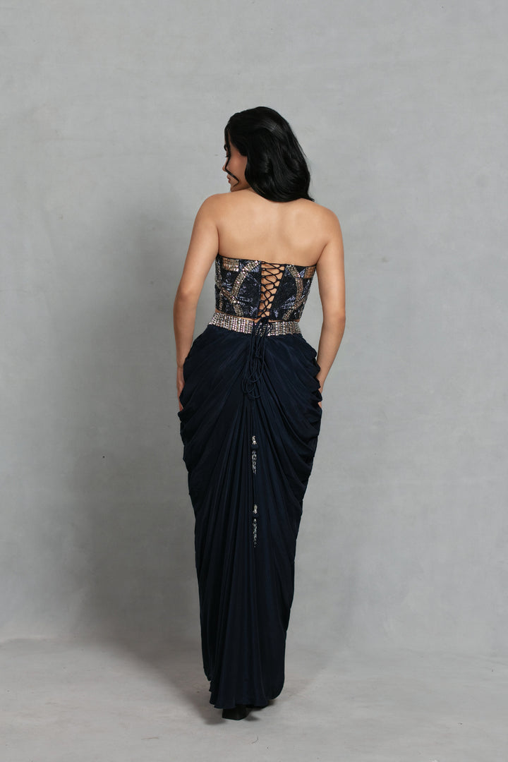 Aina Cord Set with Dupatta in Navy Blue