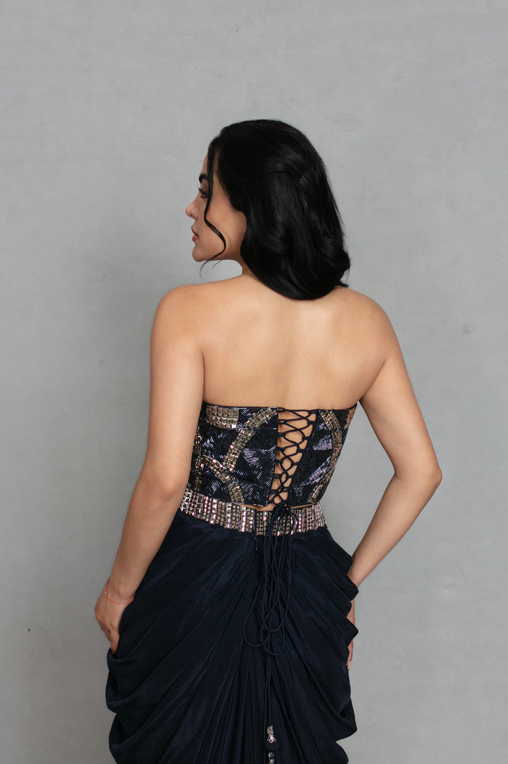 Aina Cord Set with Dupatta in Navy Blue