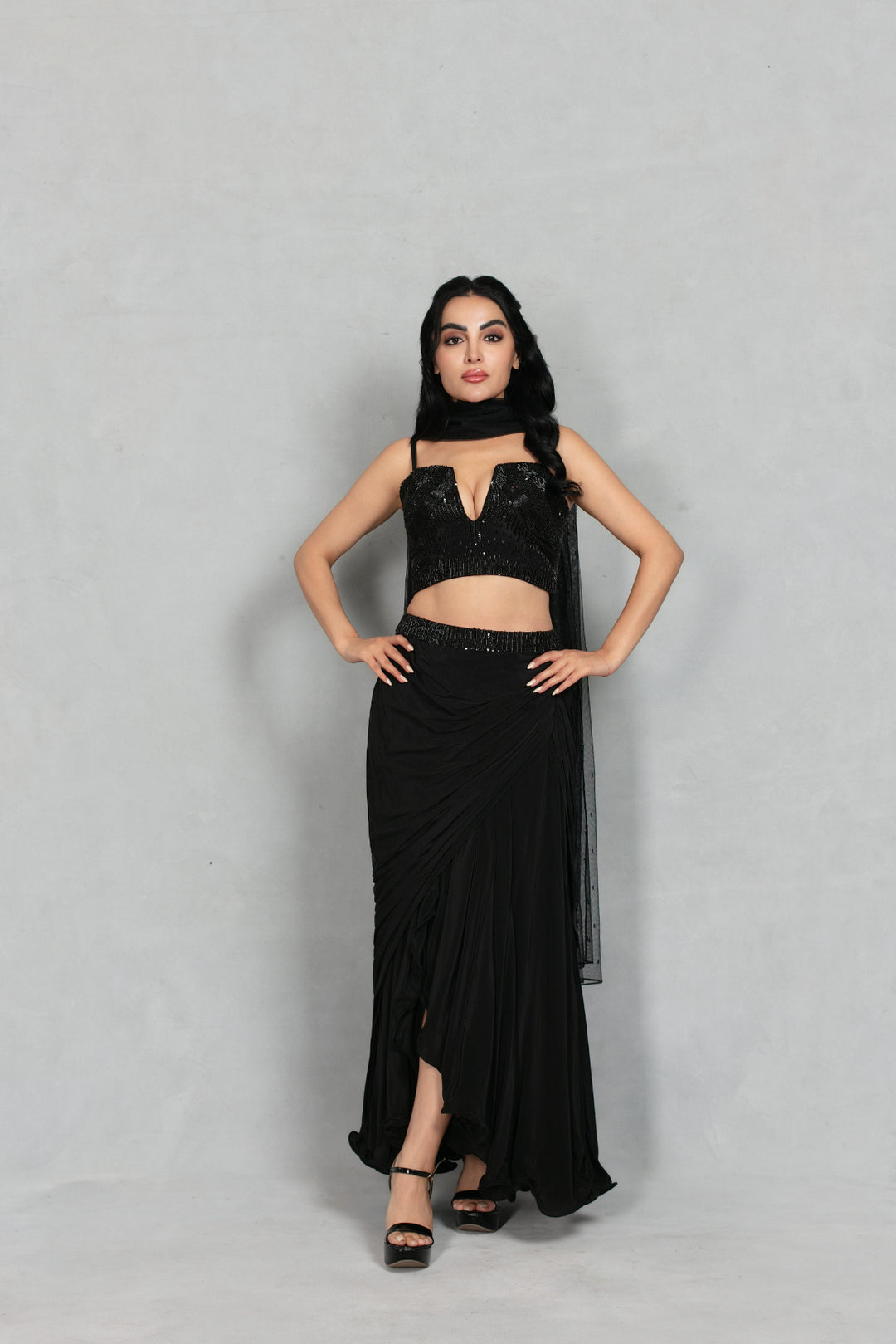 Aks Cord Set with Dupatta in Black