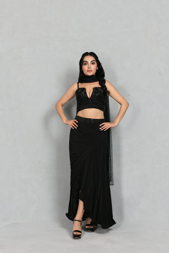 Aks Cord Set with Dupatta in Black