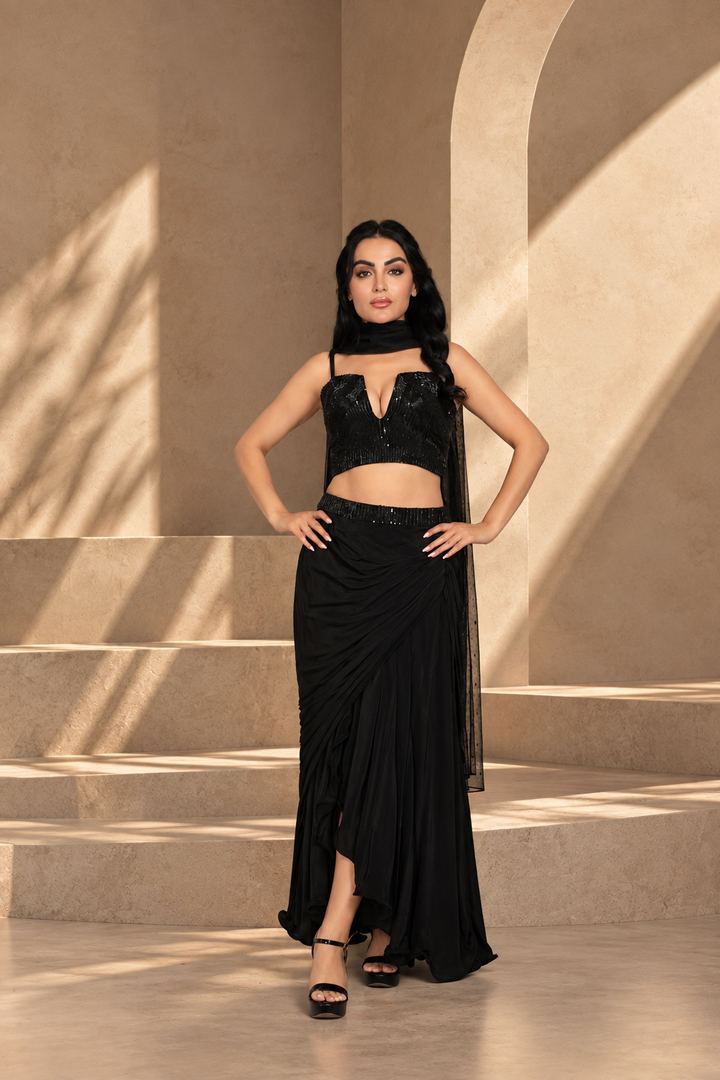 Aks Cord Set with Dupatta in Black
