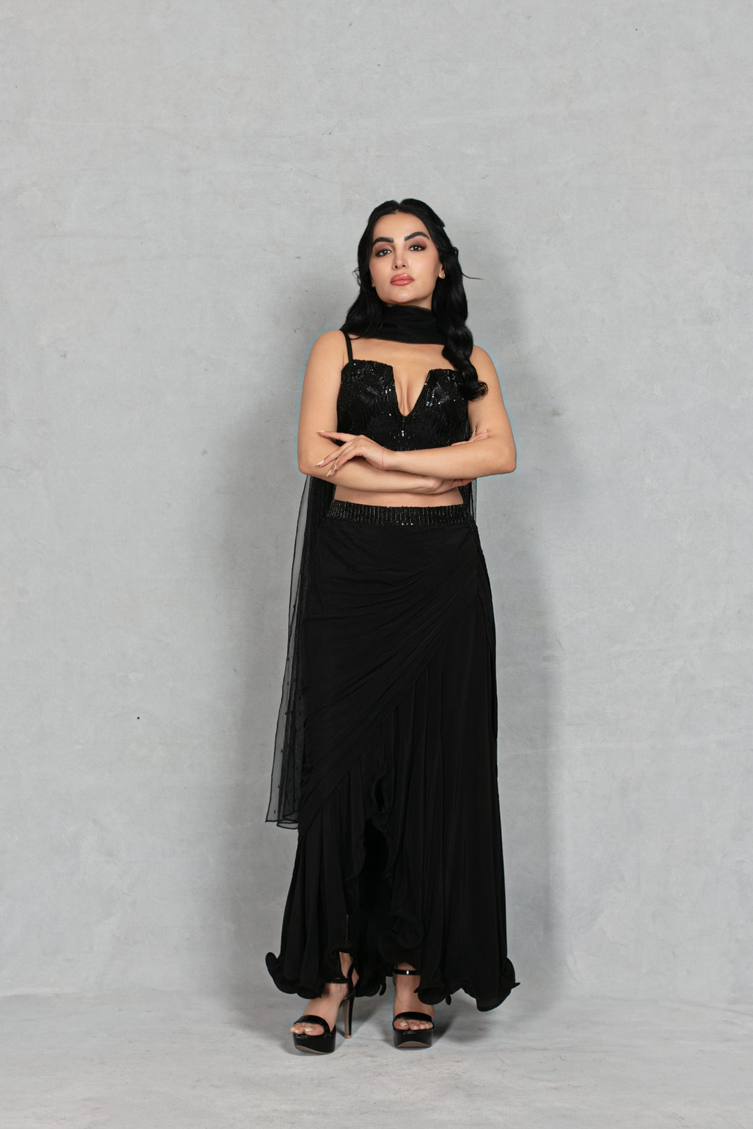 Aks Cord Set with Dupatta in Black