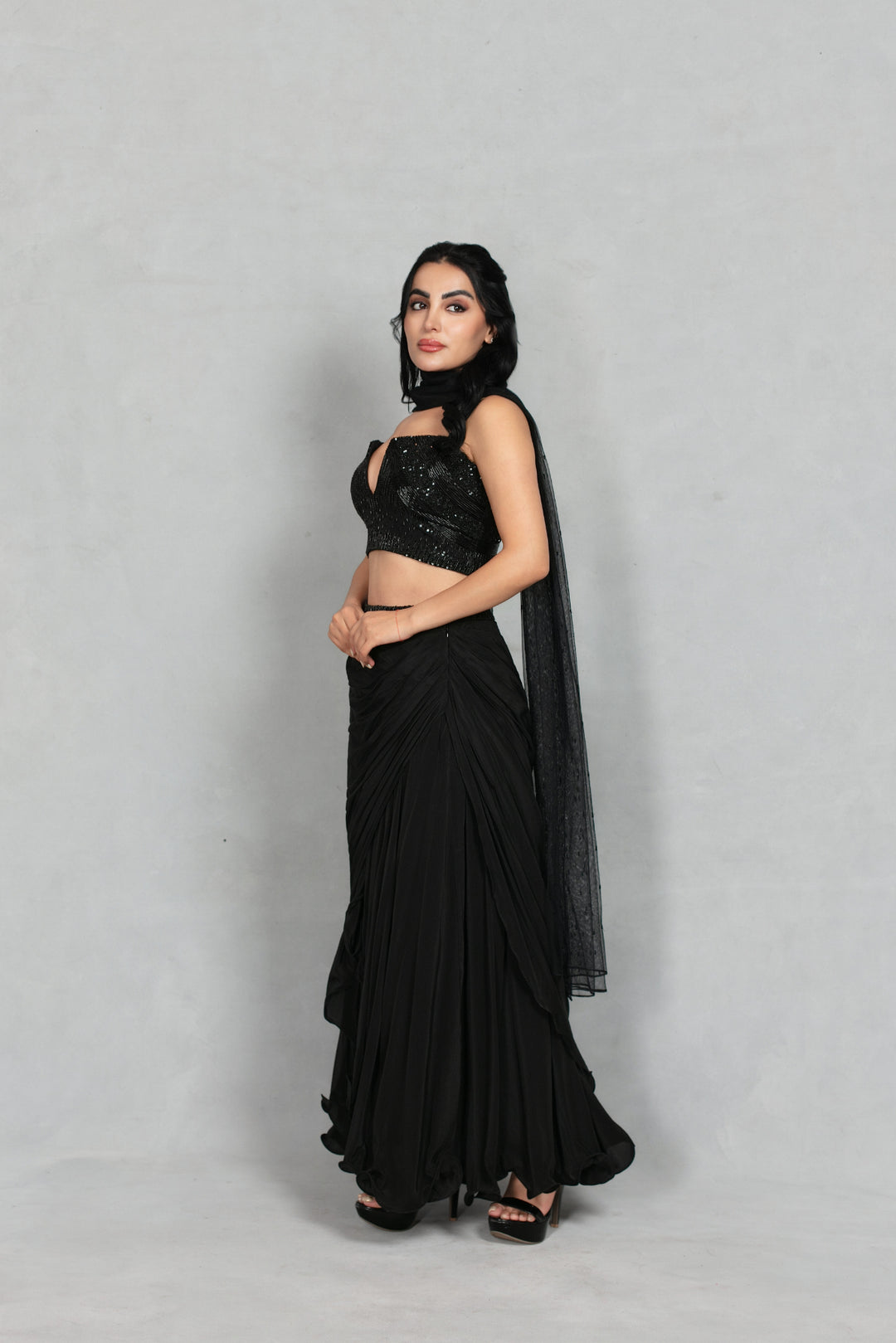Aks Cord Set with Dupatta in Black