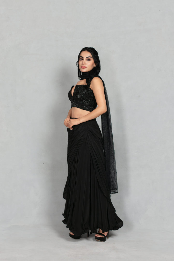 Aks Cord Set with Dupatta in Black