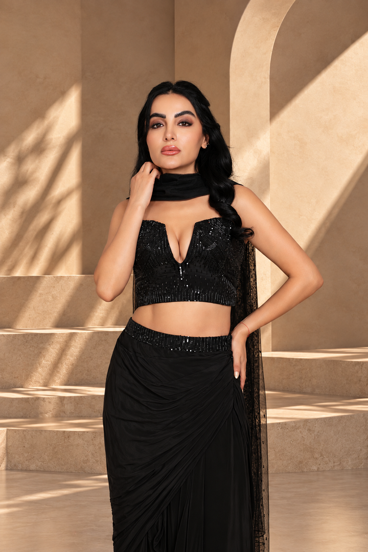 Aks Cord Set with Dupatta in Black
