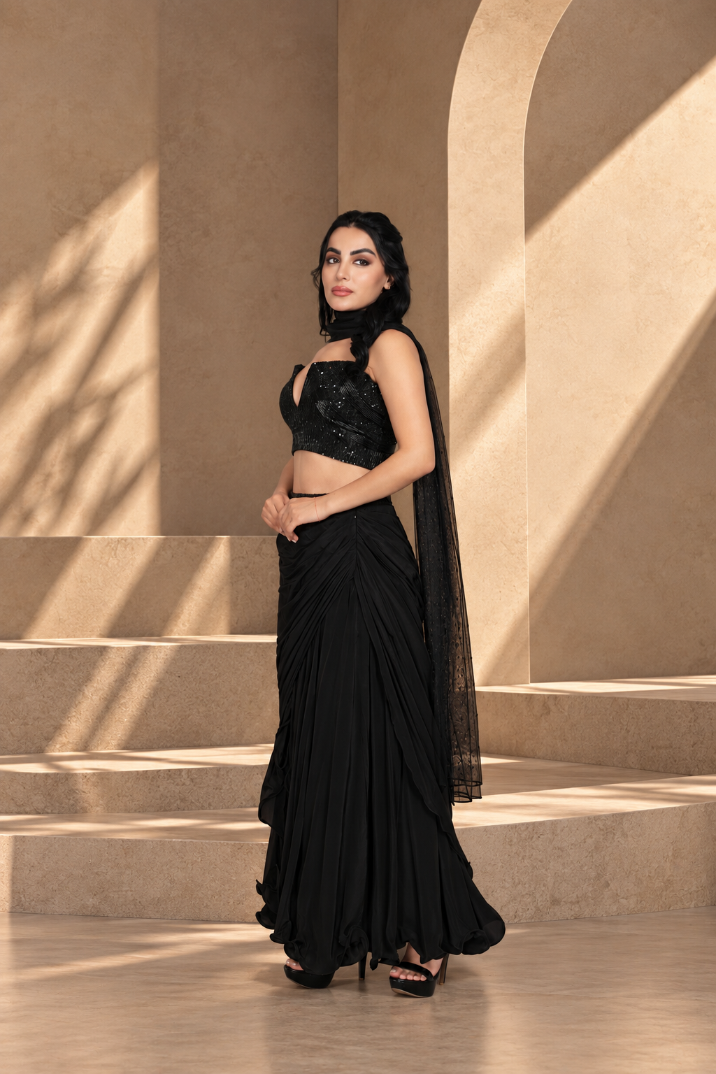 Aks Cord Set with Dupatta in Black