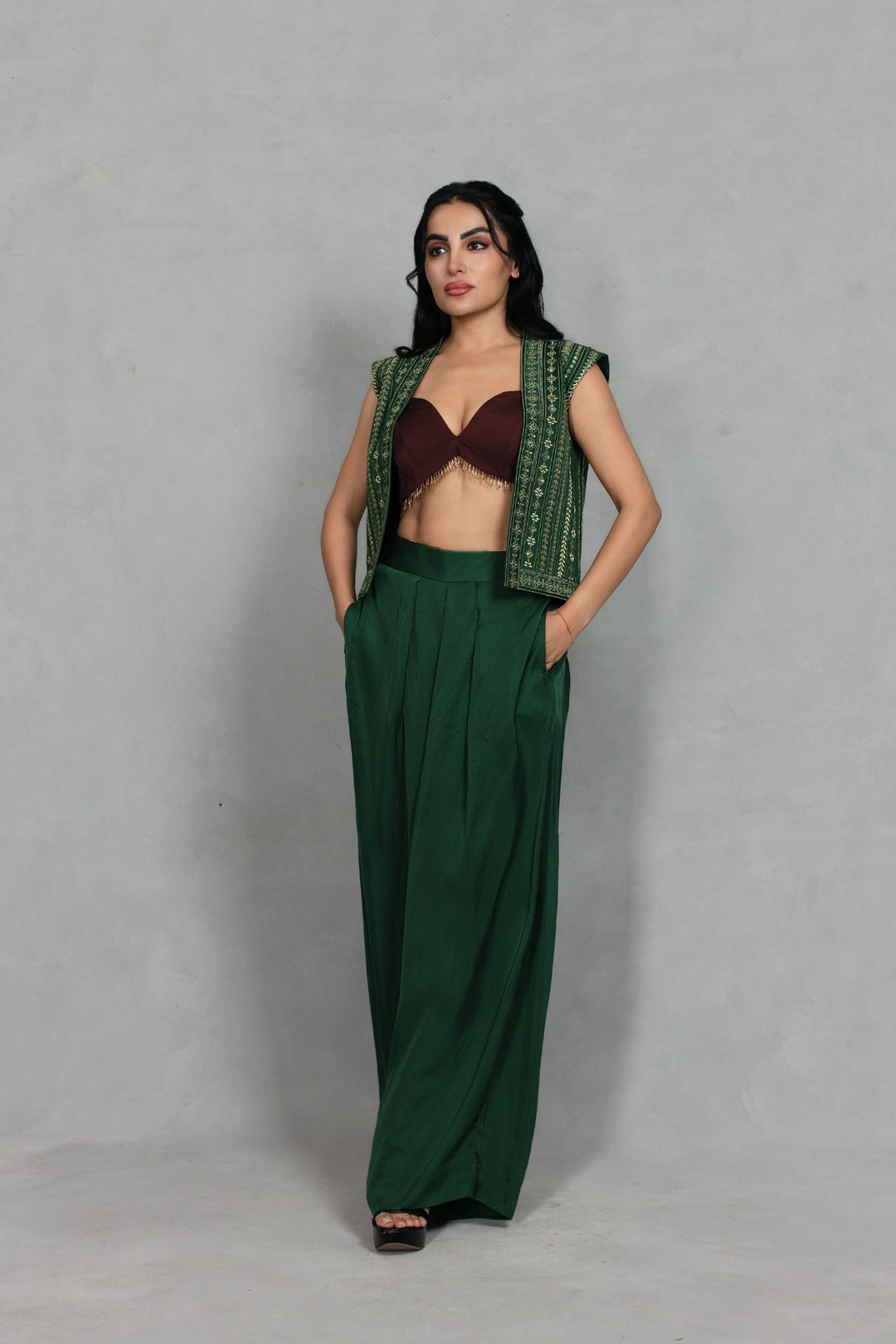 Saaz Jacket Set in Bottle Green