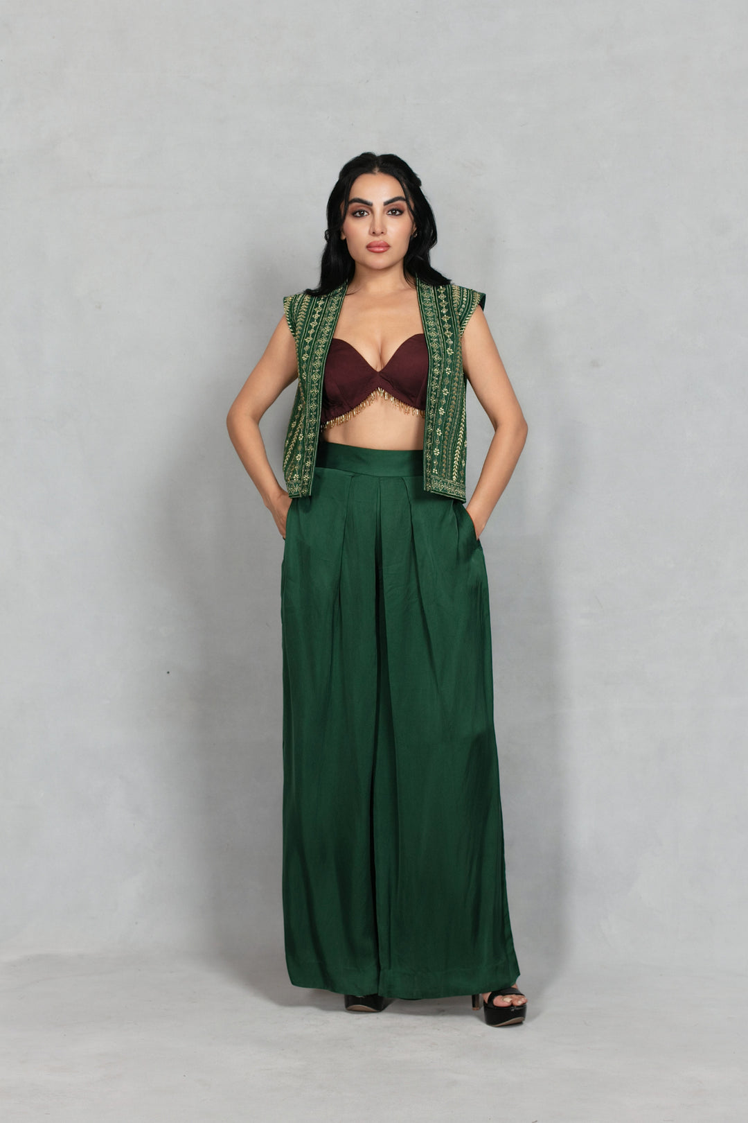 Saaz Jacket Set in Bottle Green