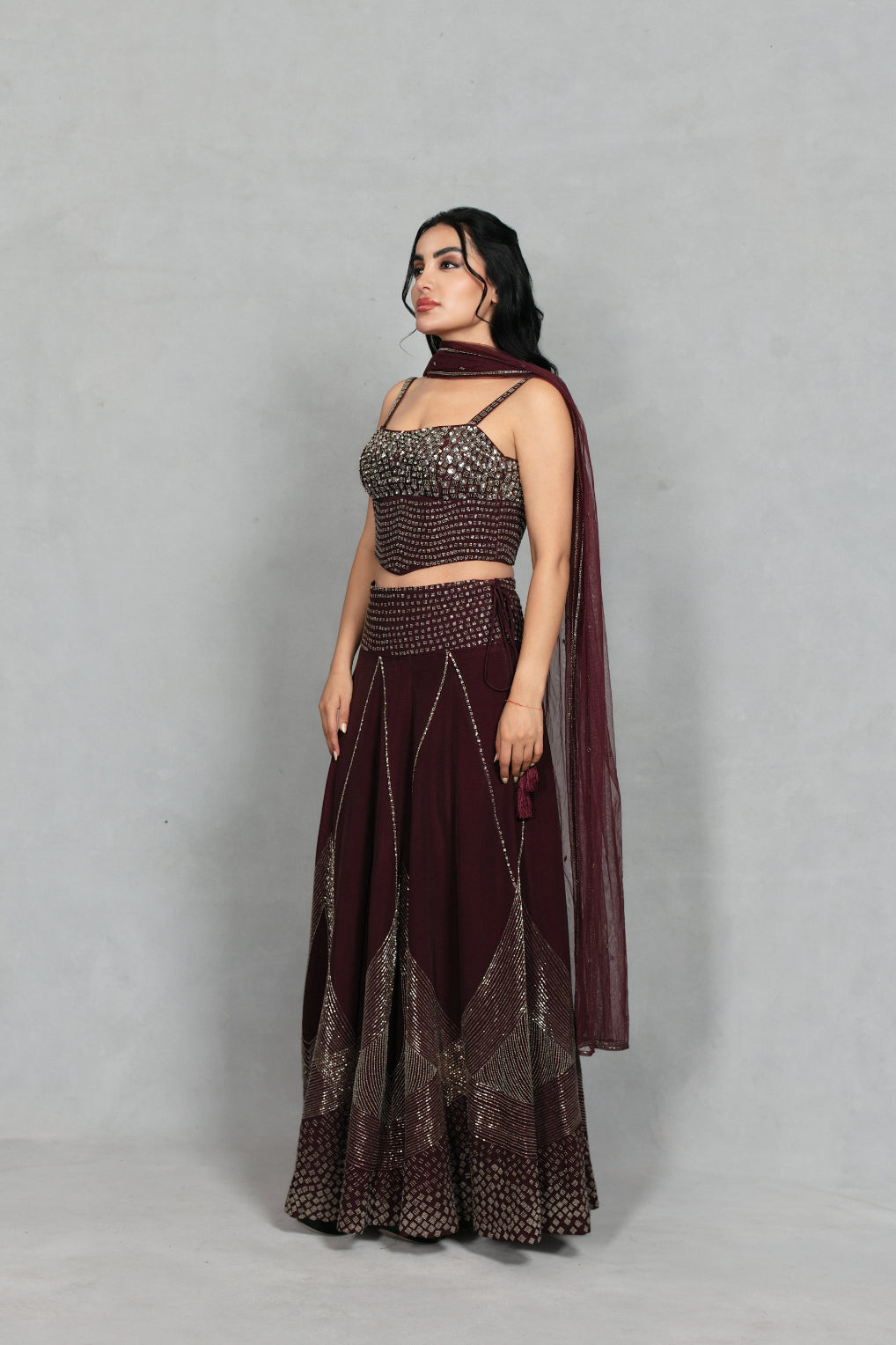 Dastoor Lehenga Set with Dupatta in Wine