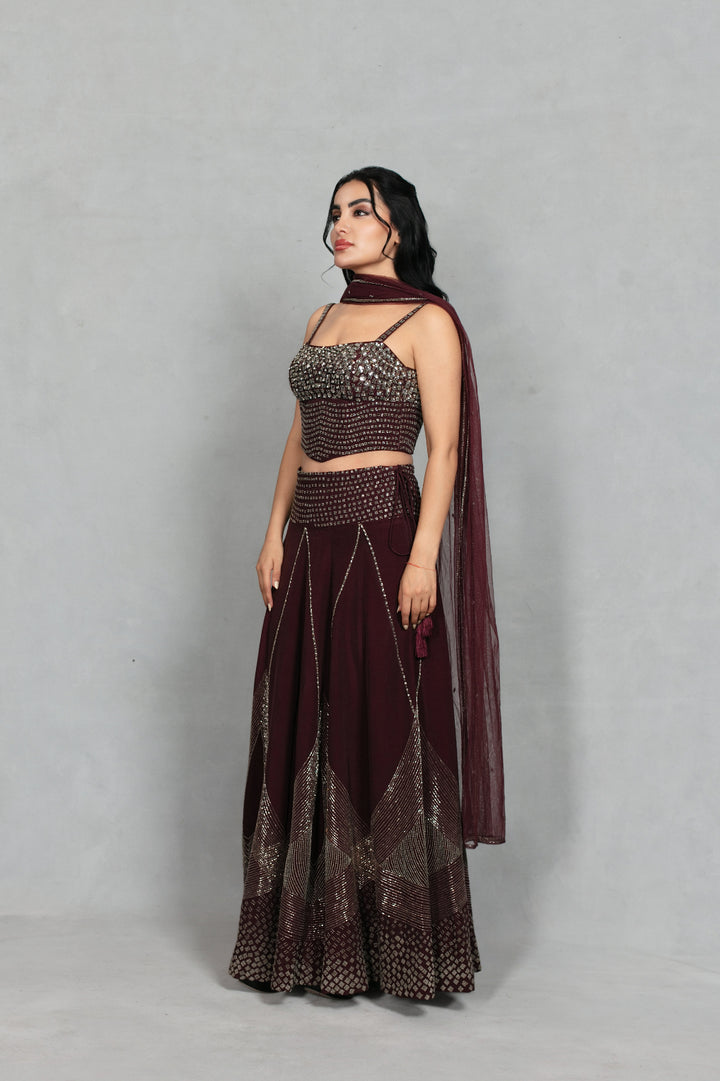 Dastoor Lehenga Set with Dupatta in Wine