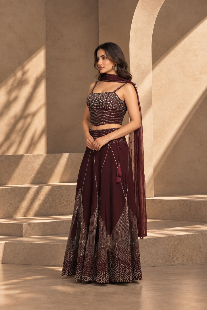 Dastoor Lehenga Set with Dupatta in Wine