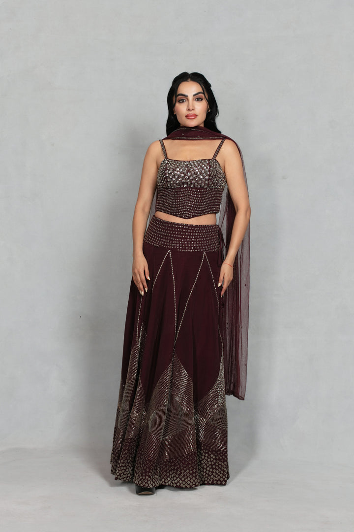 Dastoor Lehenga Set with Dupatta in Wine