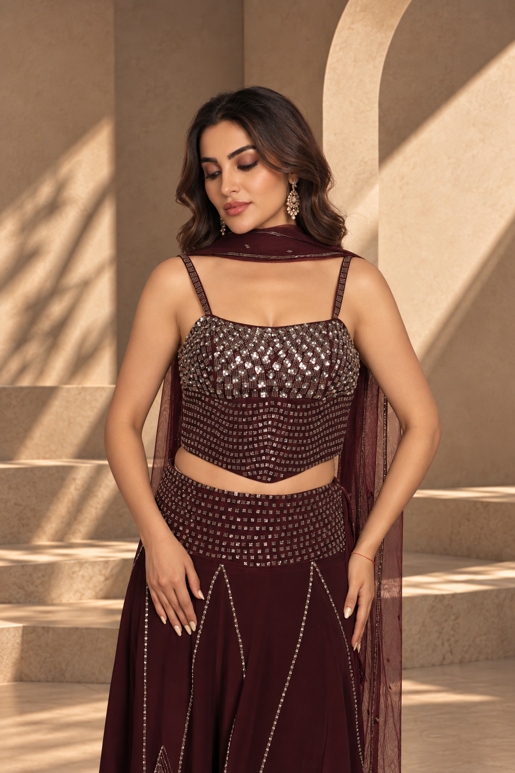 Dastoor Lehenga Set with Dupatta in Wine